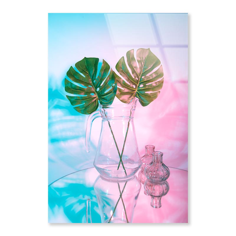 Two Green Leaves in A Clear Vase on A Table Portrait Photograph Acrylic Glass Print Tempered Glass Wall Art 100% Made in Australia Ready to Hang