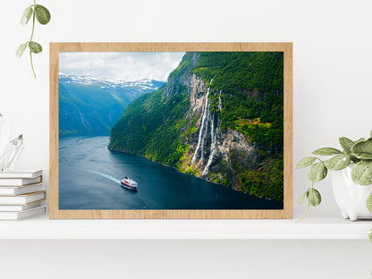 Seven Sisters Waterfall In Norway Glass Framed Wall Art, Ready to Hang Quality Print Without White Border Oak