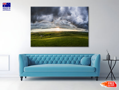 A Large Green Grassland with Clouds in the Sky Print 100% Australian Made