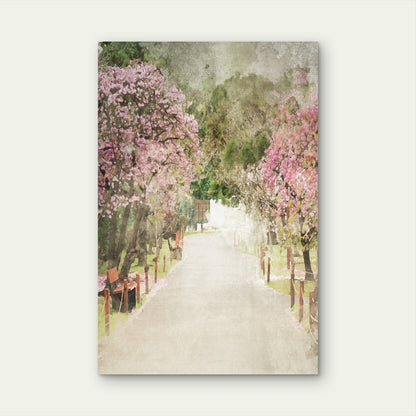 Pink Cherry Blossom Park Path 60x90cm Metal Print Ready to Hang