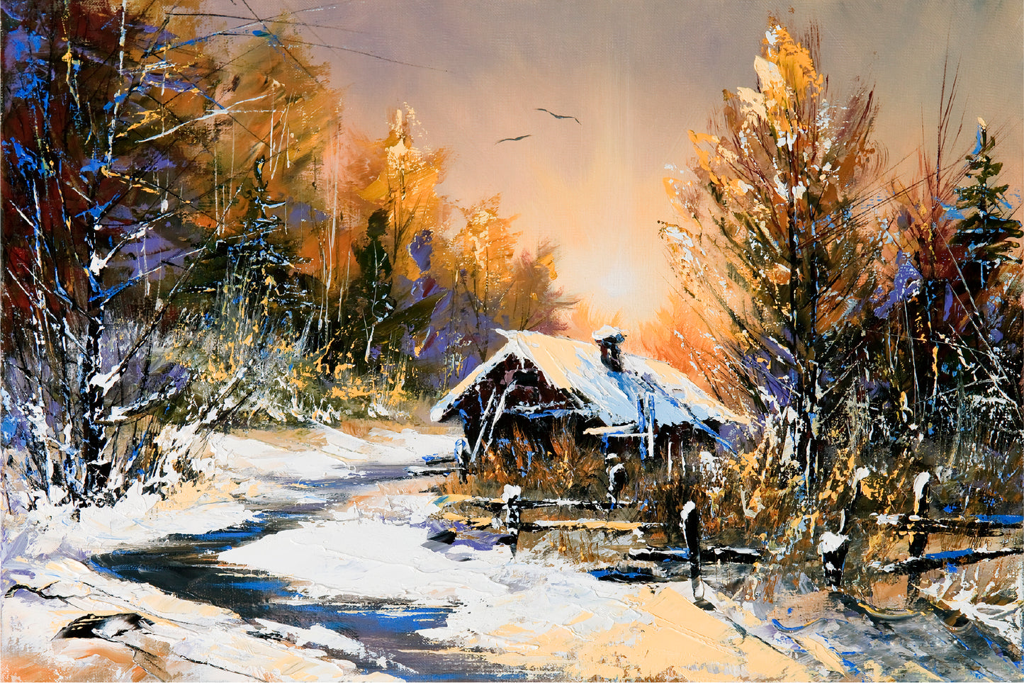 Rural Winter Landscape Autumn Painting Glass Framed Wall Art, Ready to Hang Quality Print