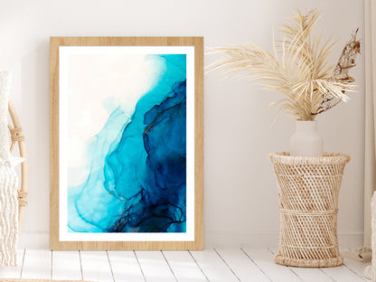 Blue & White Liquid Abstract Art Glass Framed Wall Art, Ready to Hang Quality Print With White Border Oak