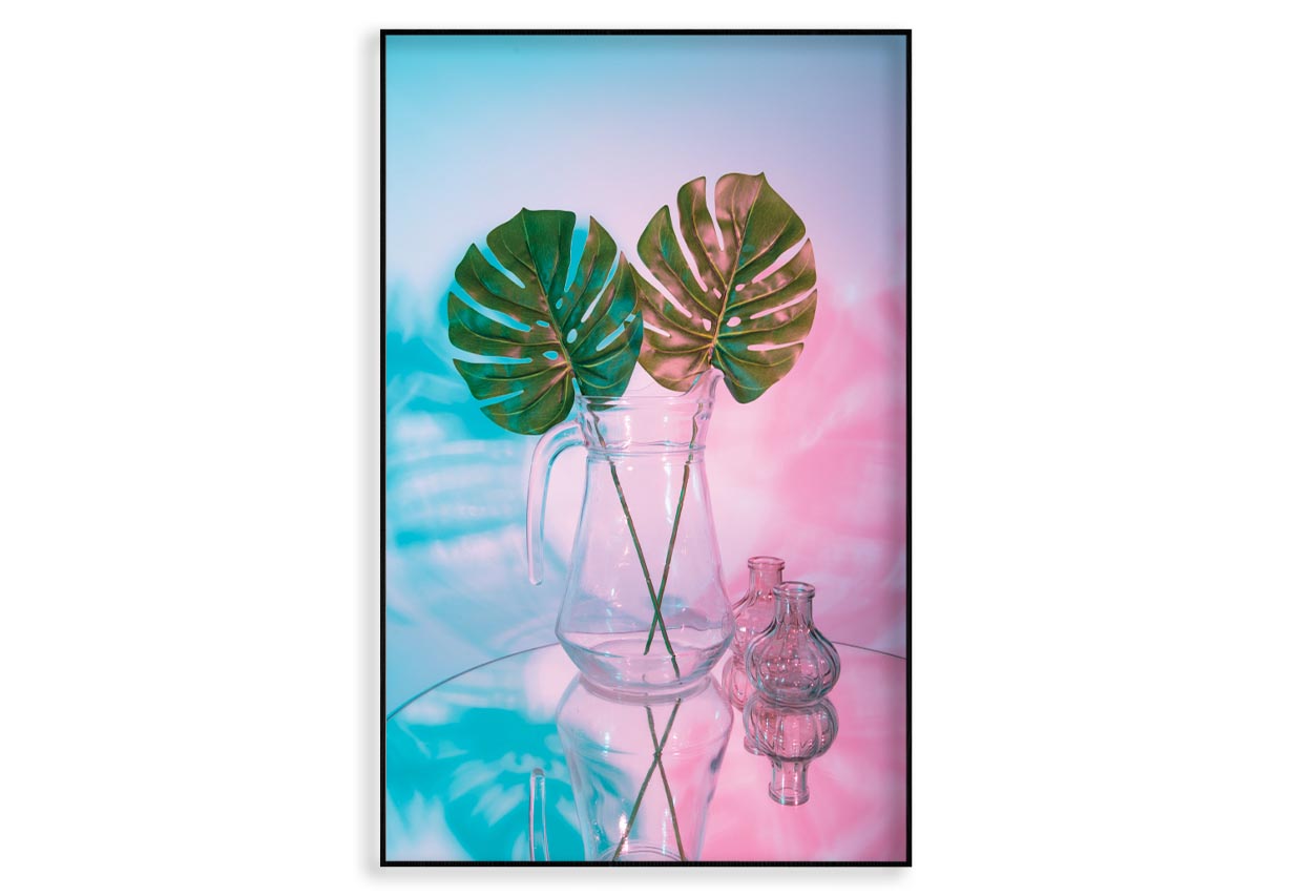 Two Green Leaves in A Clear Vase on A Table Home Decor Premium Quality Poster Print Choose Your Sizes