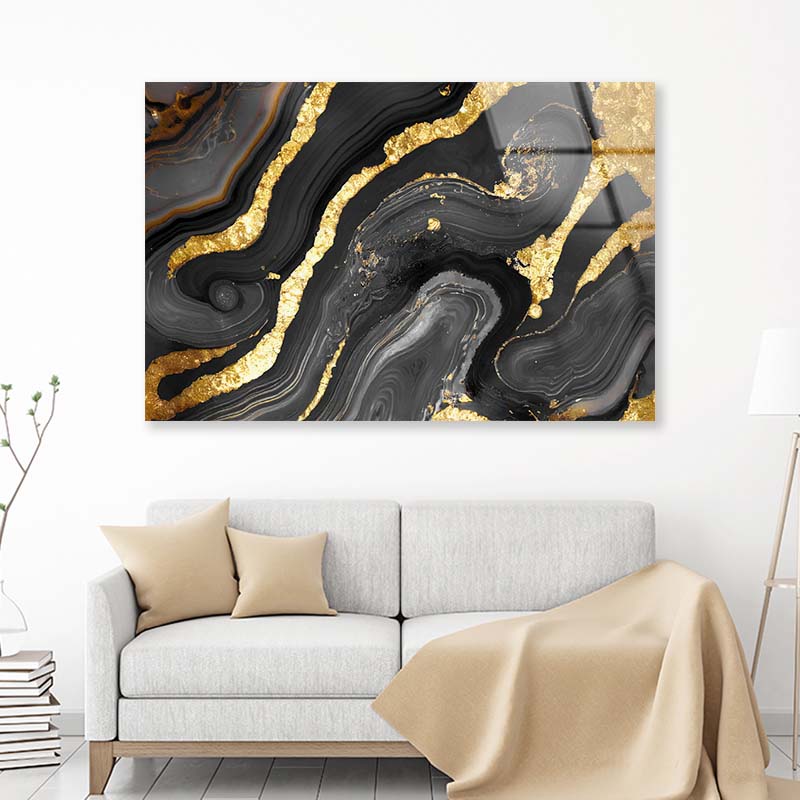 Black Fluid Marble Abstract Acrylic Glass Print Tempered Glass Wall Art 100% Made in Australia Ready to Hang