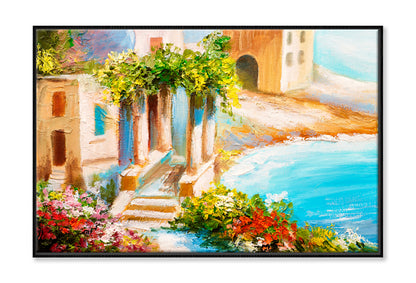 House Near The Sea, Sea Coast, Flowers Oil Painting Limited Edition High Quality Print Canvas Box Framed Black