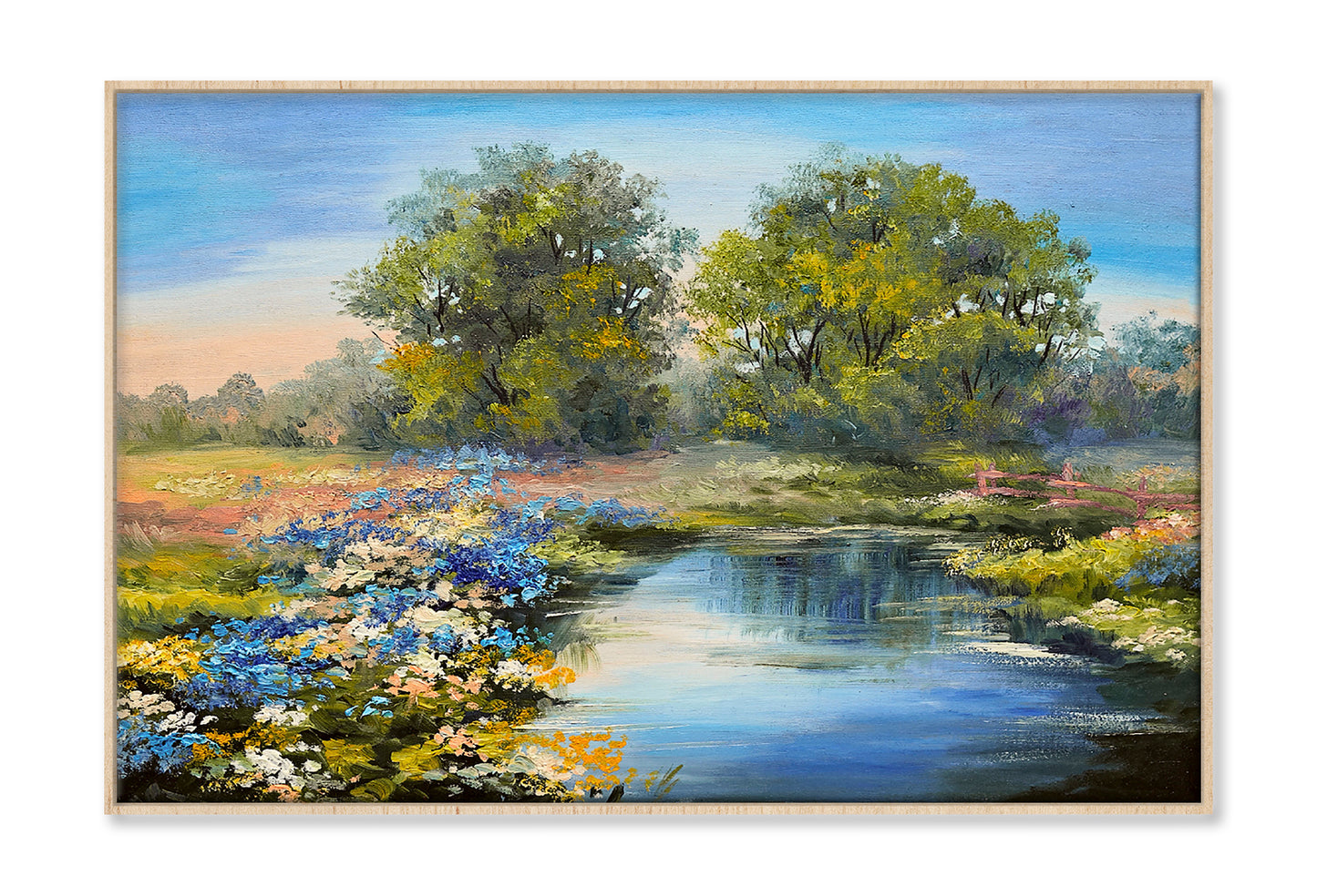 River in the Forest & Colorful Field Oil Painting Wall Art Limited Edition High Quality Print Canvas Box Framed Natural