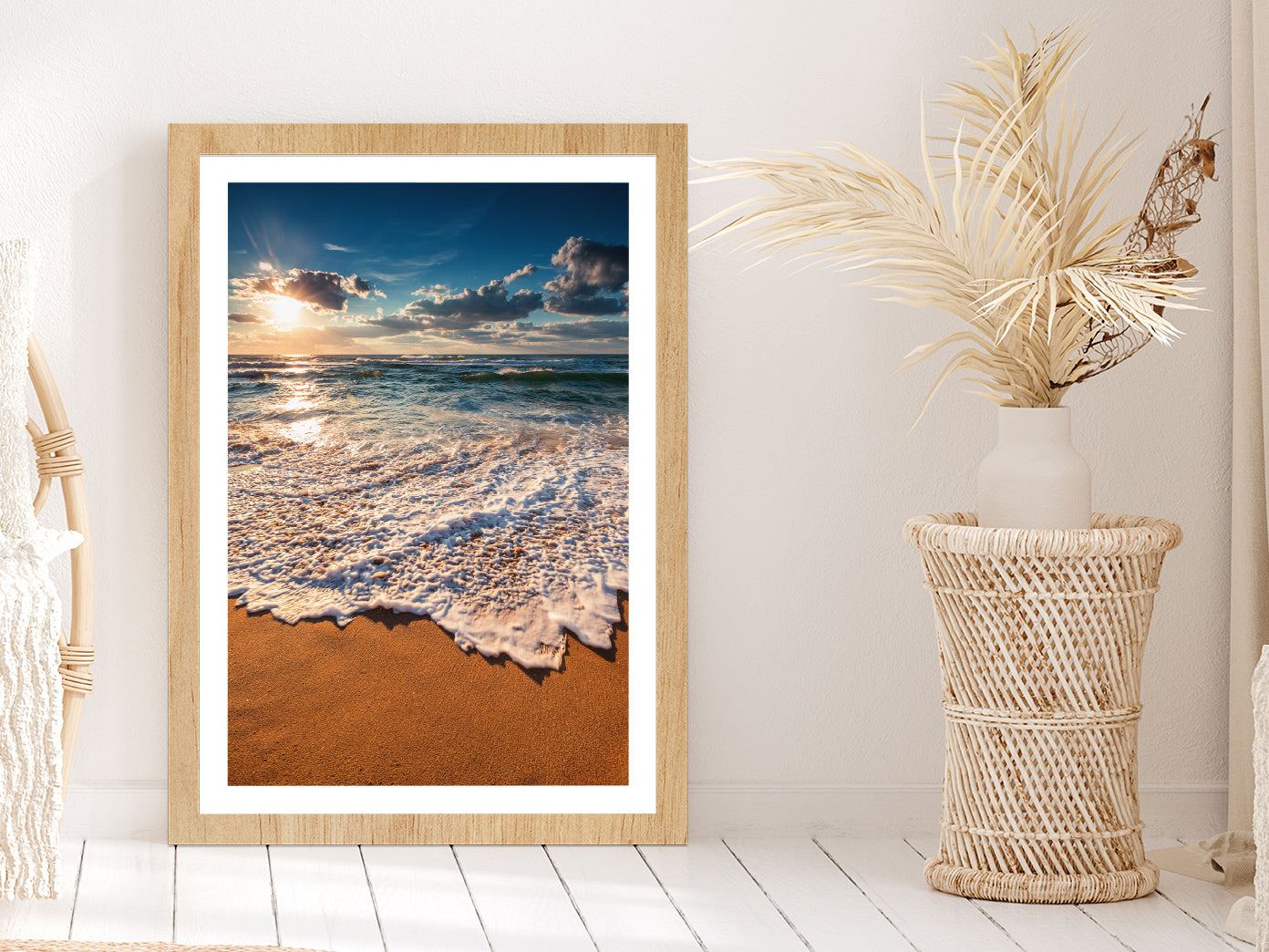 Cloudscape Over the Sea Sunrise View Photograph Glass Framed Wall Art, Ready to Hang Quality Print With White Border Oak