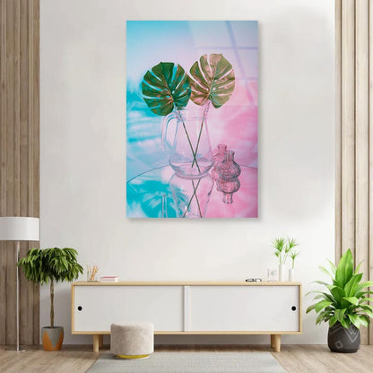 Two Green Leaves in A Clear Vase on A Table Portrait Photograph Acrylic Glass Print Tempered Glass Wall Art 100% Made in Australia Ready to Hang