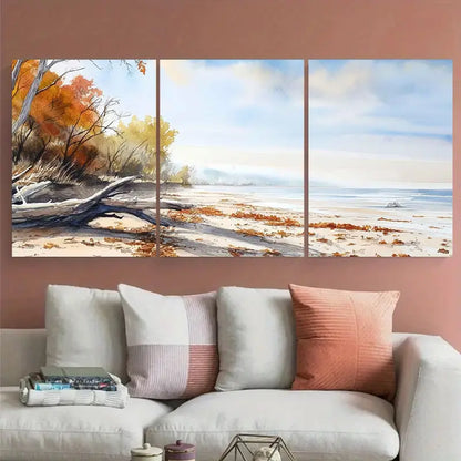 3pcs Serene Autumn Beach Fall Trees Metal Print Ready to Hang Art