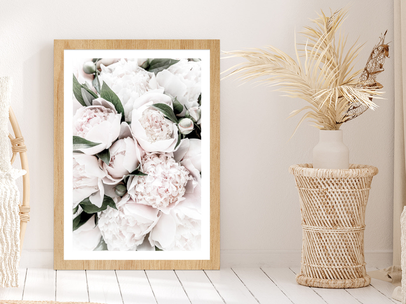 Peonies & Leaves Closeup View Photograph Glass Framed Wall Art, Ready to Hang Quality Print With White Border Oak