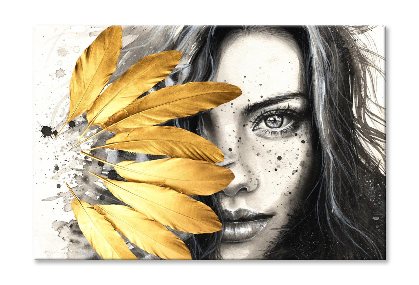 Gold Feathers Girl Wall Art Limited Edition High Quality Print Stretched Canvas None