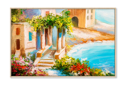 House Near The Sea, Sea Coast, Flowers Oil Painting Limited Edition High Quality Print Canvas Box Framed Natural