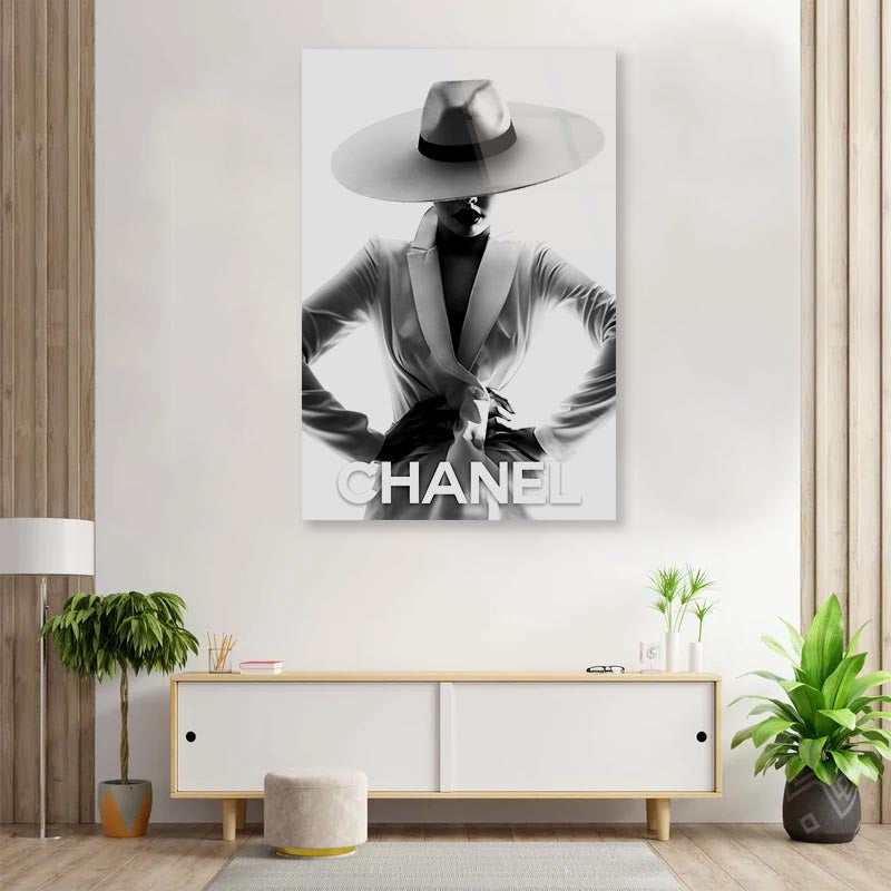 Black And White Lady with Hat 3D Design Acrylic Glass Print Tempered Glass Wall Art 100% Made in Australia Ready to Hang