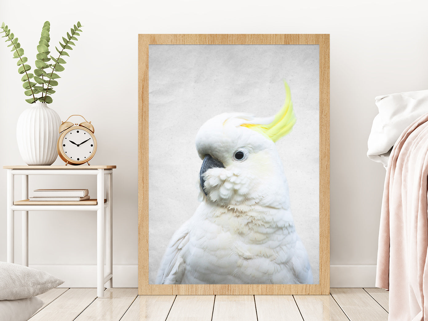 White Macaw Bird Faded Closuep Photograph Glass Framed Wall Art, Ready to Hang Quality Print Without White Border Oak