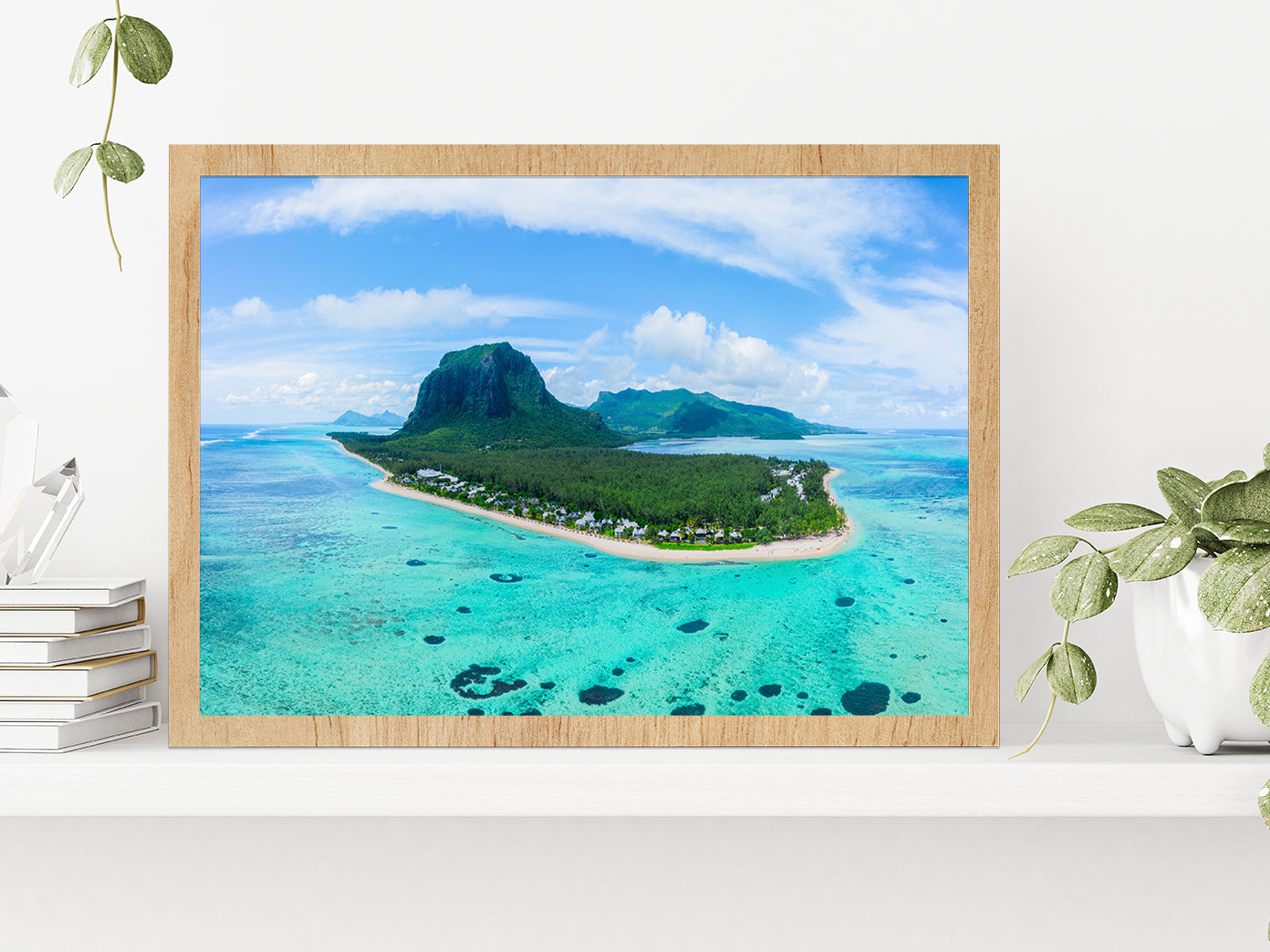 Le Morne Brabant Mountain Island Glass Framed Wall Art, Ready to Hang Quality Print Without White Border Oak