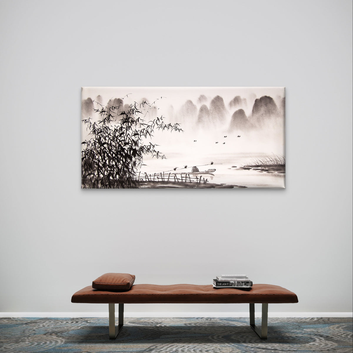 Chinese Ink Wash Bamboo Boat Landscape Painting Wall Art Canvas Office Home Framed 120x60cm
