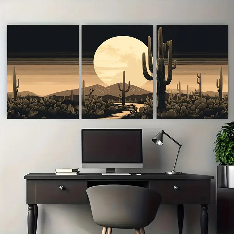 3pcs Western Cactus & Full Moon Desert Metal Print Ready to Hang Art