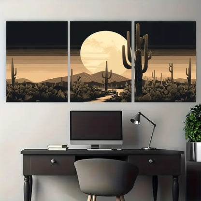 3pcs Western Cactus & Full Moon Desert Metal Print Ready to Hang Art