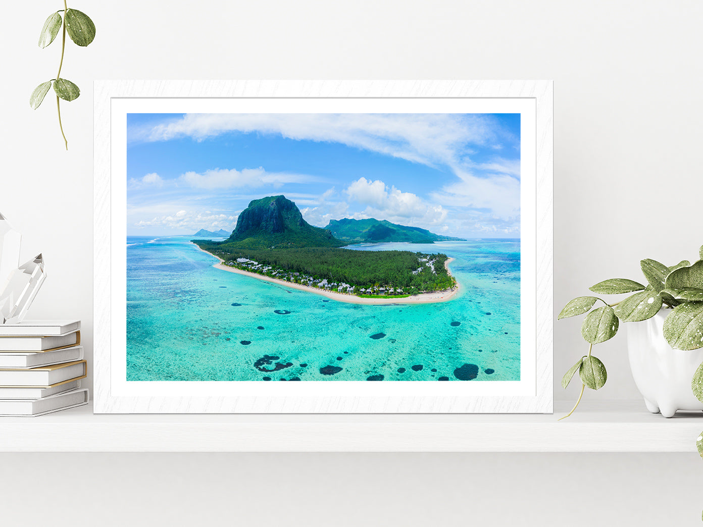 Le Morne Brabant Mountain Island Glass Framed Wall Art, Ready to Hang Quality Print With White Border White