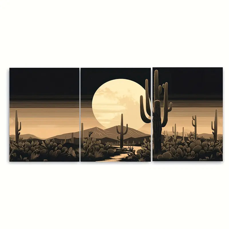 3pcs Western Cactus & Full Moon Desert Metal Print Ready to Hang Art