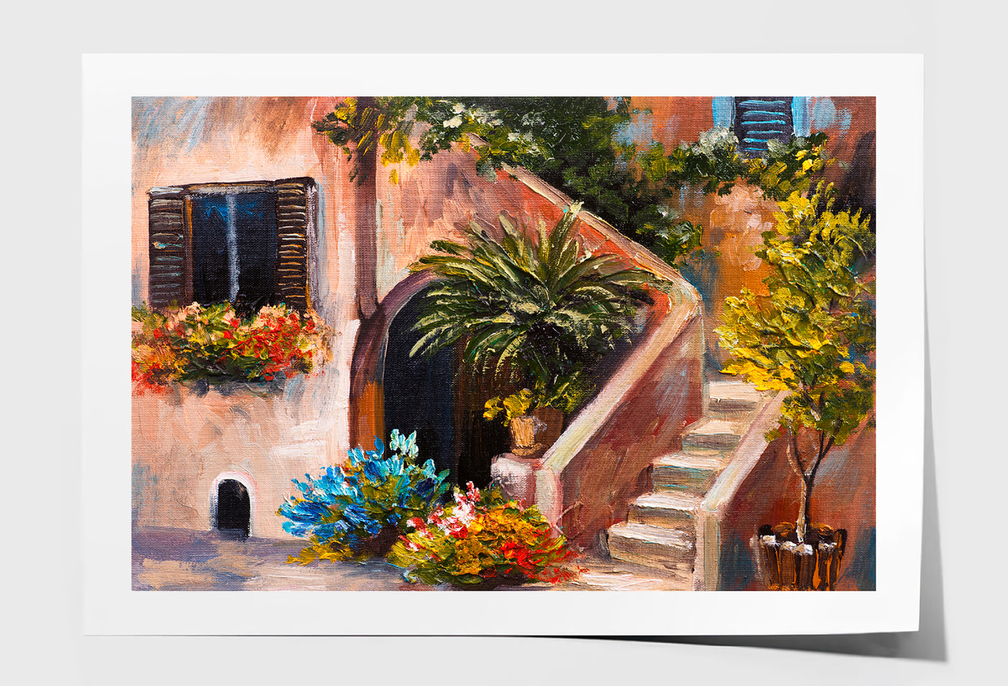 Summer Terrace, Flowers In A Garden, House In Greece Oil Painting Wall Art Limited Edition High Quality Print Unframed Roll Canvas None