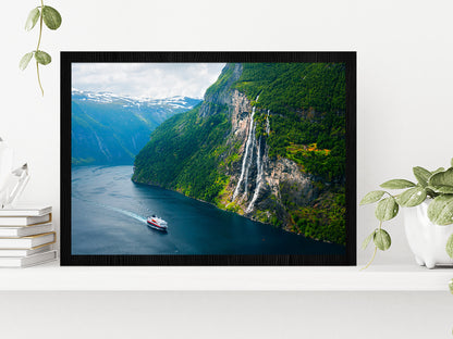 Seven Sisters Waterfall In Norway Glass Framed Wall Art, Ready to Hang Quality Print Without White Border Black