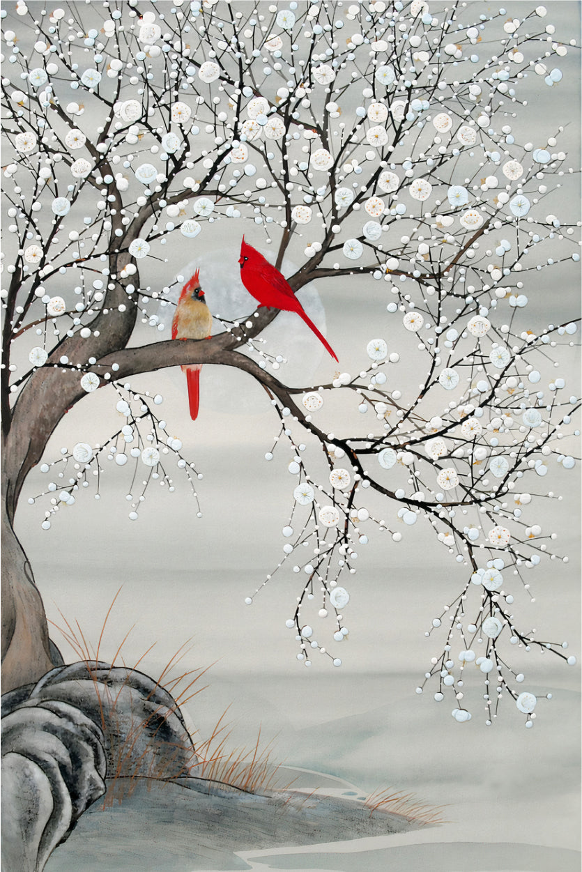 Grey White Flower Blossoming Red Bird Couple Wall Art Decor 100% Australian Made