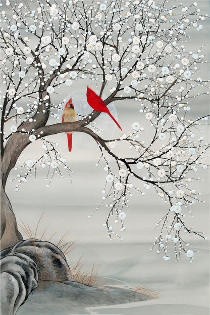 Grey White Flower Blossoming Red Bird Couple Wall Art Decor 100% Australian Made