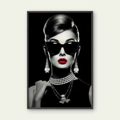 Black & White Woman with Red Lips wearing Jewellery Necklace Fashion Home Decor Premium Quality Poster Print Choose Your Sizes