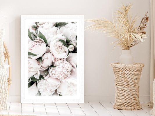 Peonies & Leaves Closeup View Photograph Glass Framed Wall Art, Ready to Hang Quality Print With White Border White