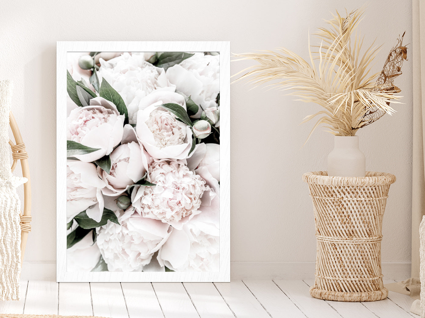 Peonies & Leaves Closeup View Photograph Glass Framed Wall Art, Ready to Hang Quality Print Without White Border White