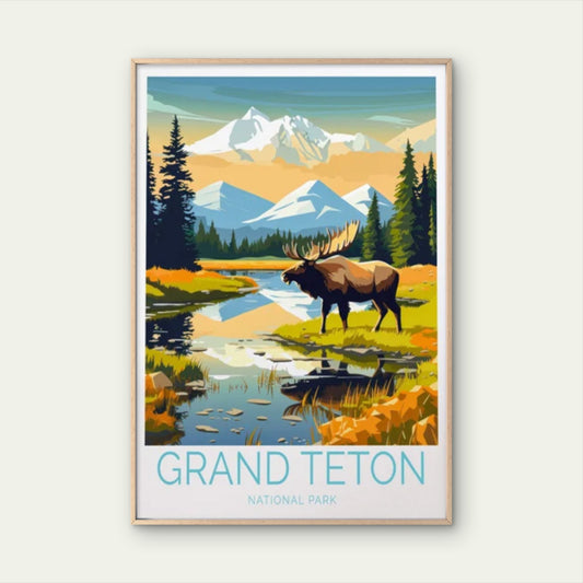 Grand Teton, River, Moose & Pine Forest Travel Poster Print Wall Art
