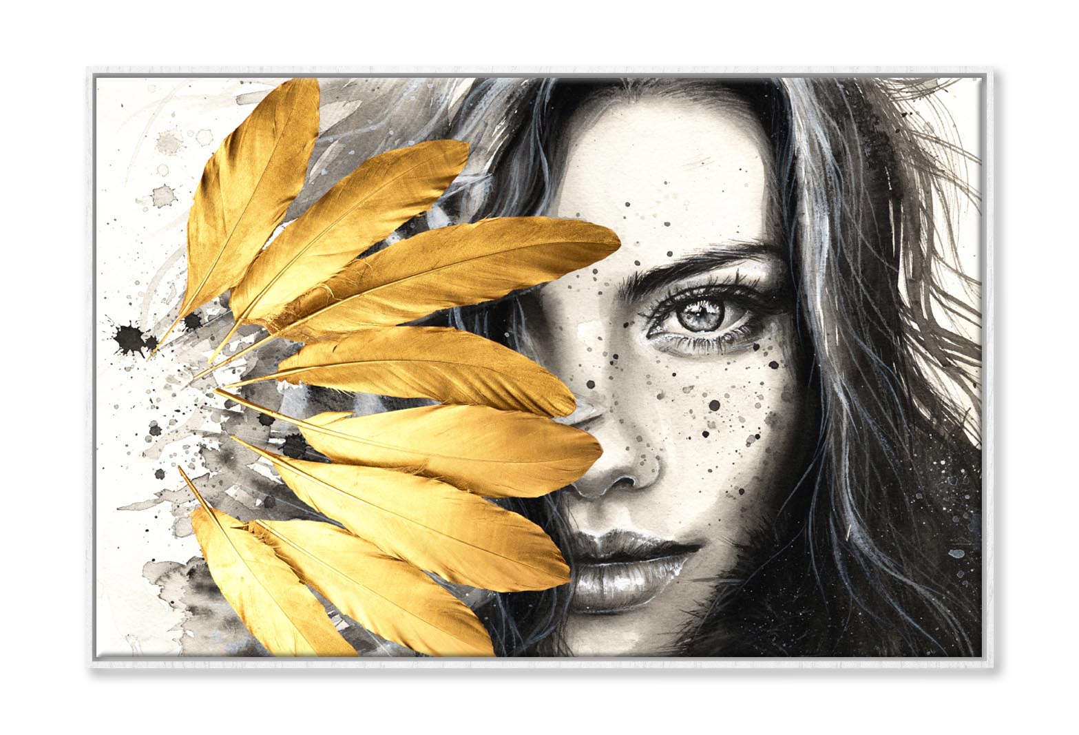 Gold Feathers Girl Wall Art Limited Edition High Quality Print Canvas Box Framed White