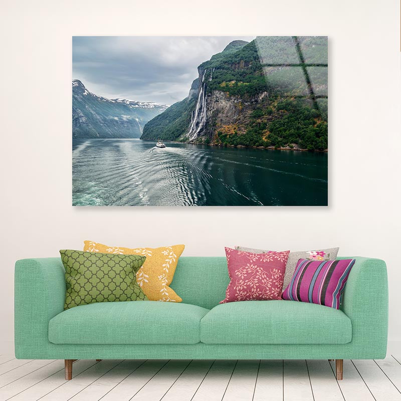 Waterfall On a Fjord Acrylic Glass Print Tempered Glass Wall Art 100% Made in Australia Ready to Hang