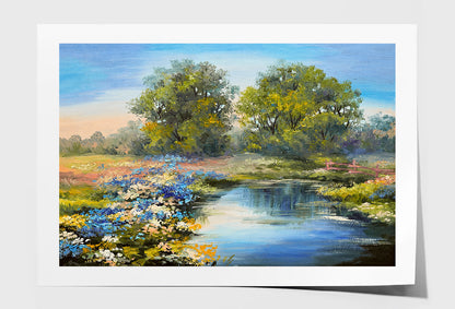 River in the Forest & Colorful Field Oil Painting Wall Art Limited Edition High Quality Print Unframed Roll Canvas None