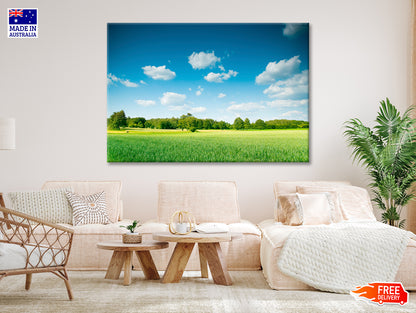 A Large Green Field with Trees under a Blue Sky Print 100% Australian Made