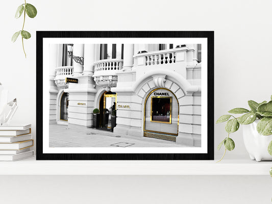 Gold Door B&W Fashion Store View Photograph Glass Framed Wall Art, Ready to Hang Quality Print With White Border Black
