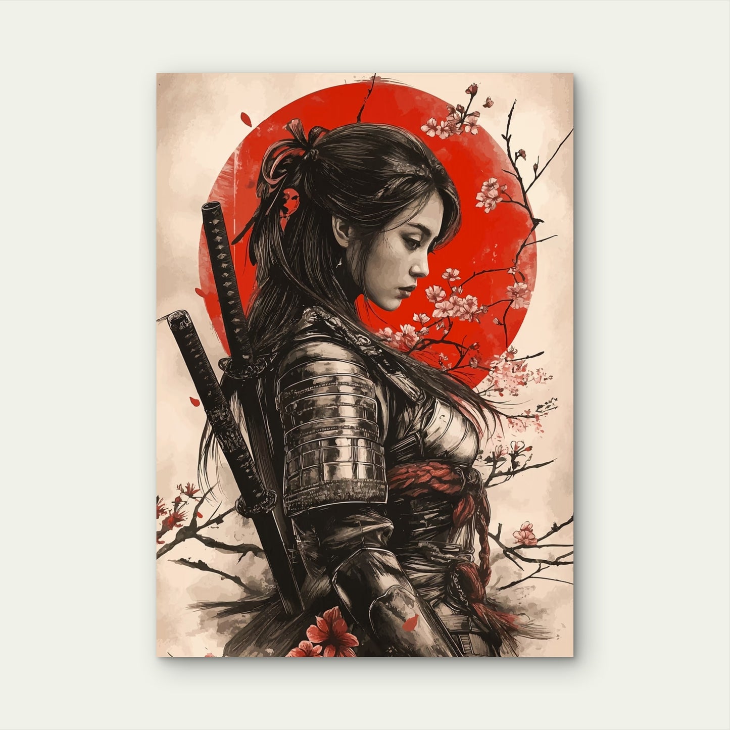 Bushido Katana Girl Red Sun Art 60x90cm Metal Print Ready to Hang