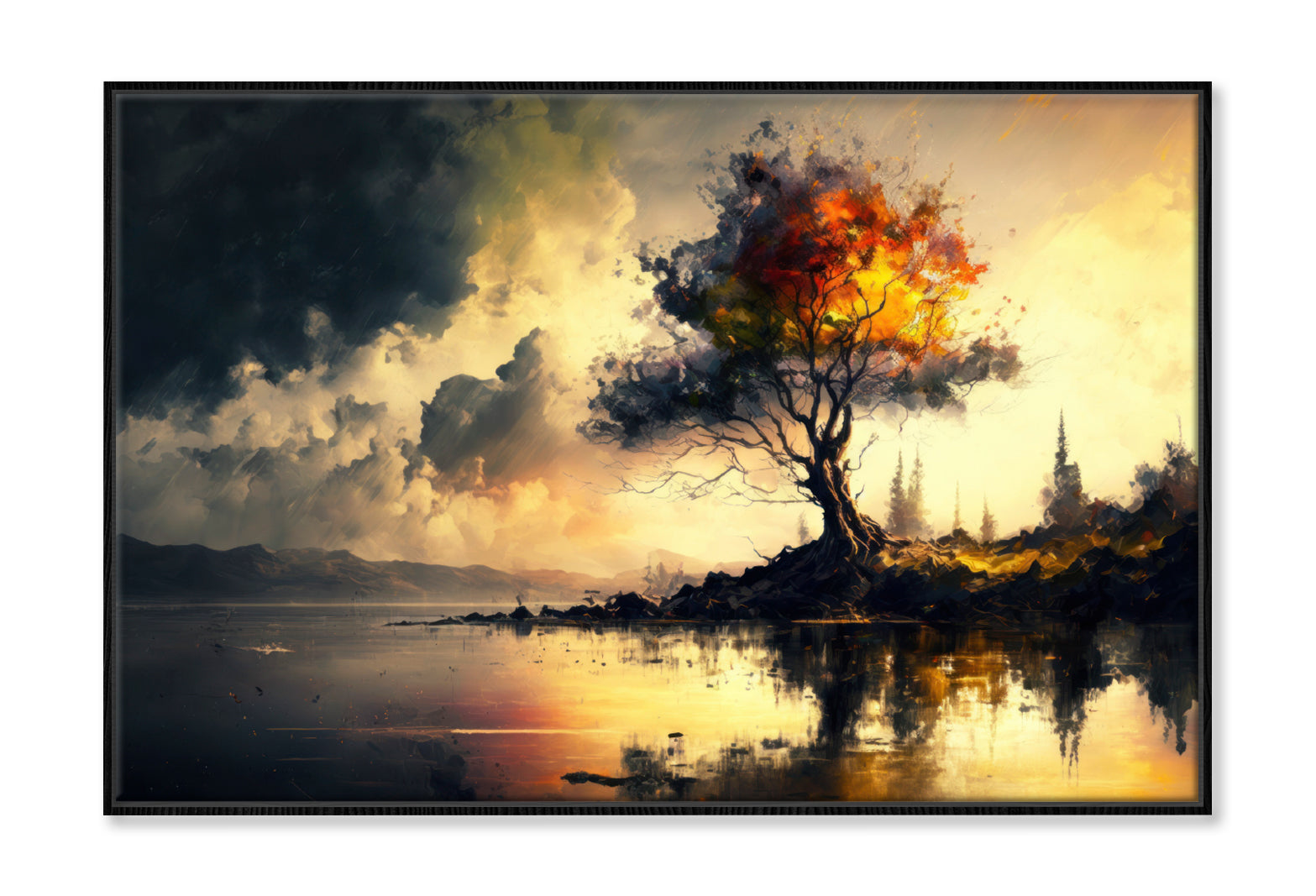 Abstract Tree near Lake Cloudy Sky Oil Painting Wall Art Limited Edition High Quality Print Canvas Box Framed Black