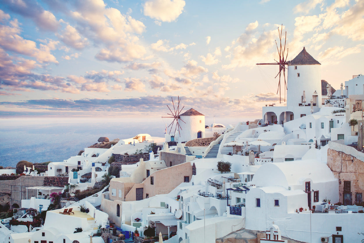 Wind Mills in Oia Town and Clouds Home Decor Premium Quality Poster Print Choose Your Sizes