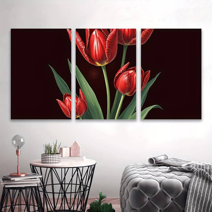 3pcs Red Tulip Artwork Abstract Floral Metal Print Ready to Hang Art