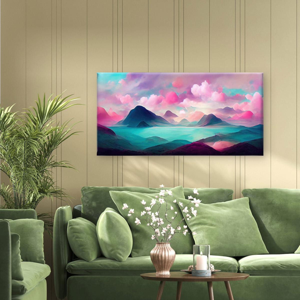 Pastel Pink Mountain Lake View Wall Art Canvas Office Home Room Framed 120x60 cm