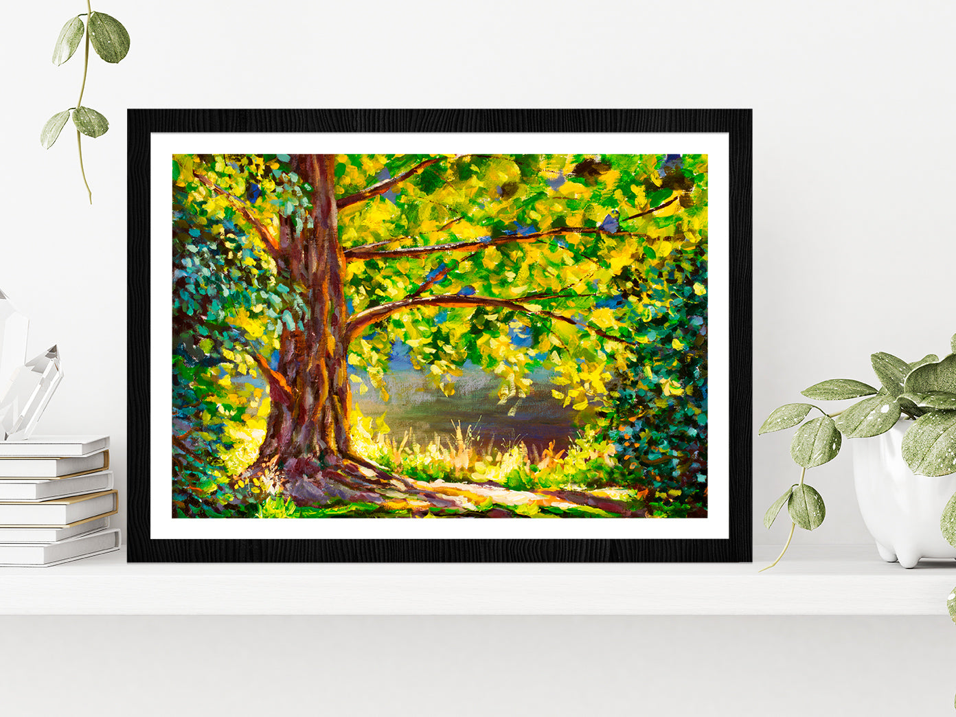 A Large Tree Lit By Sun & Sunny Forest Glass Framed Wall Art, Ready to Hang Quality Print With White Border Black