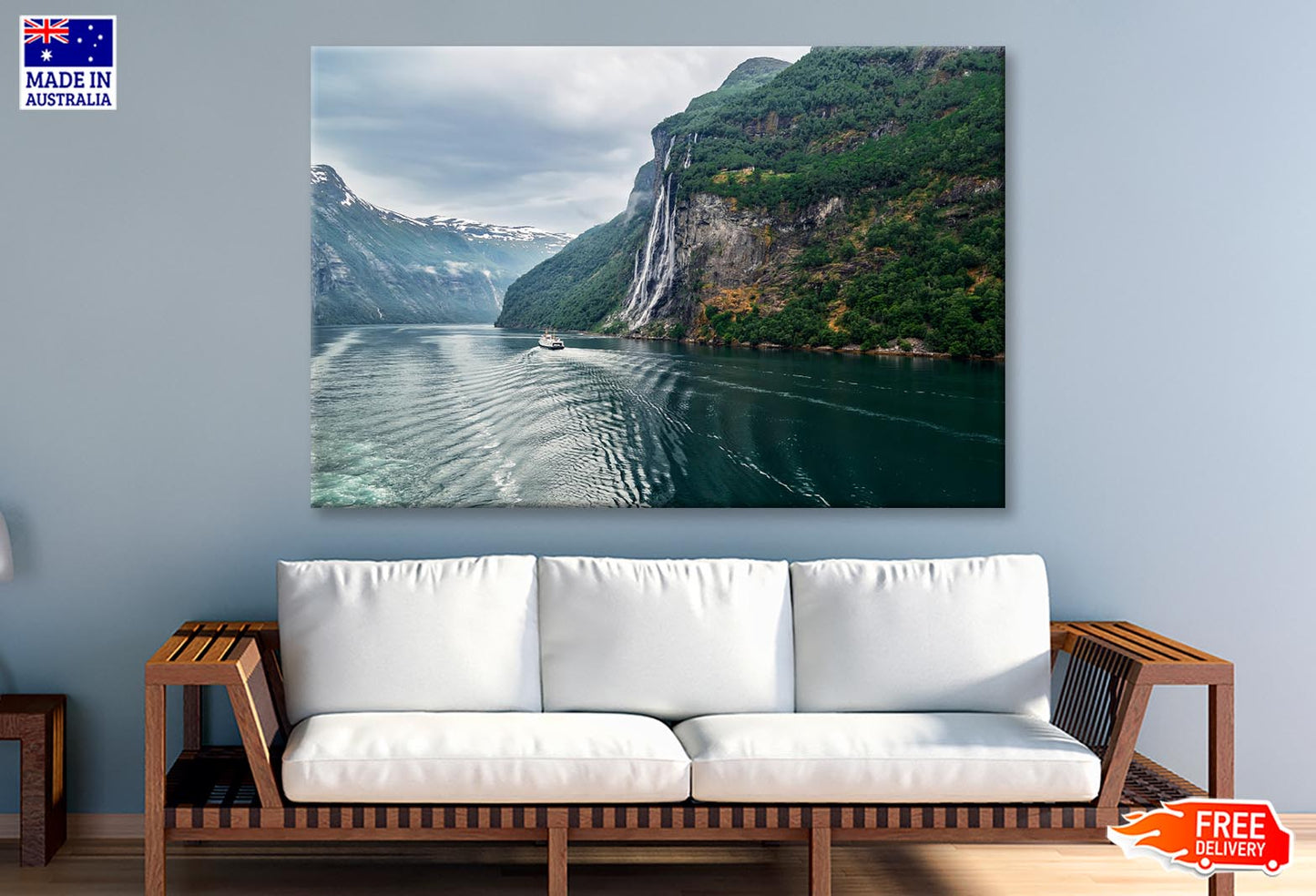 Waterfall On a Fjord Mountain Wall Art Decor 100% Australian Made