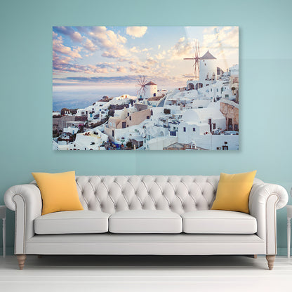 Wind Mills in Oia Town and Clouds Acrylic Glass Print Tempered Glass Wall Art 100% Made in Australia Ready to Hang