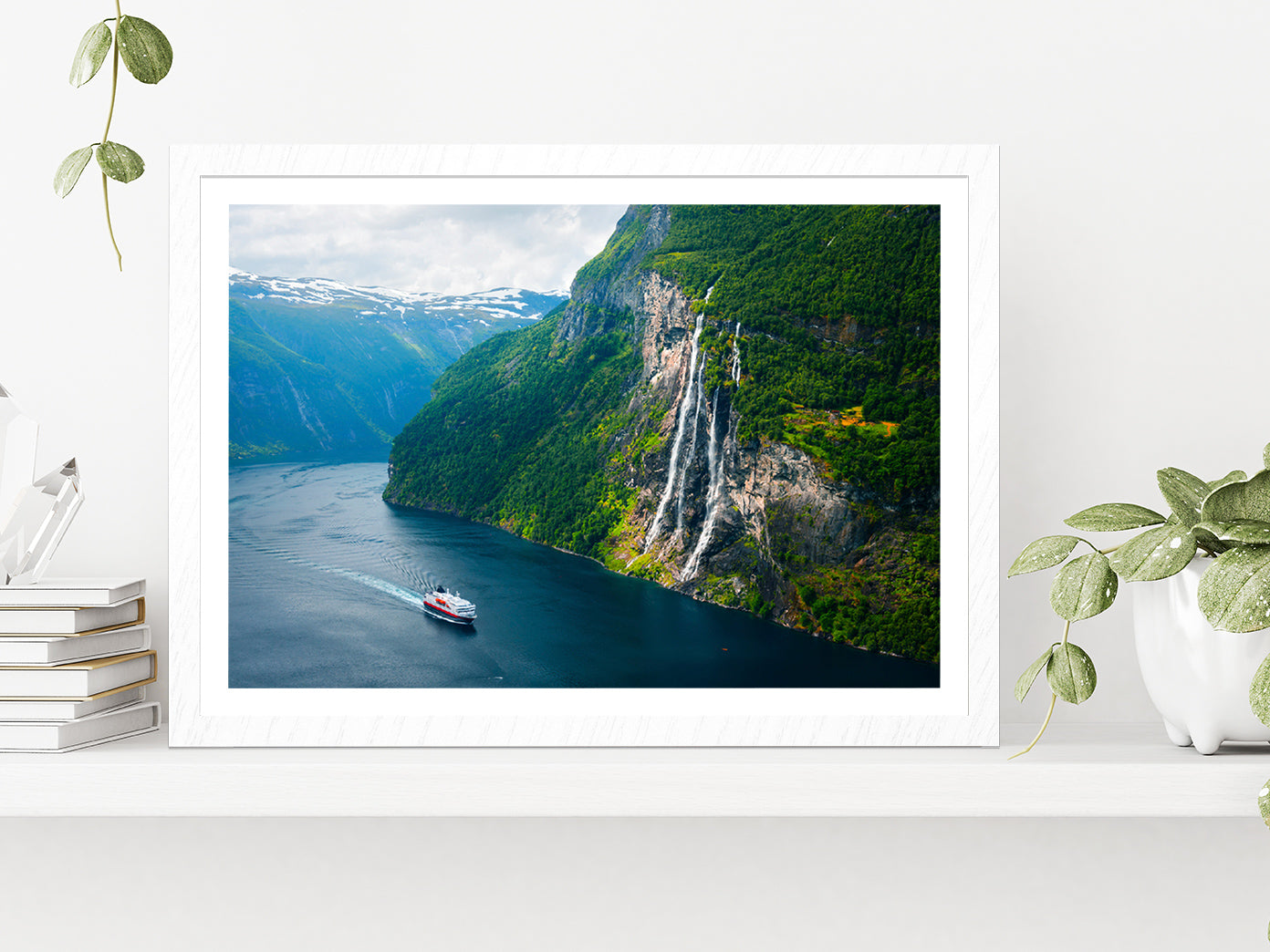 Seven Sisters Waterfall In Norway Glass Framed Wall Art, Ready to Hang Quality Print With White Border White