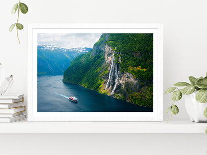 Seven Sisters Waterfall In Norway Glass Framed Wall Art, Ready to Hang Quality Print With White Border White
