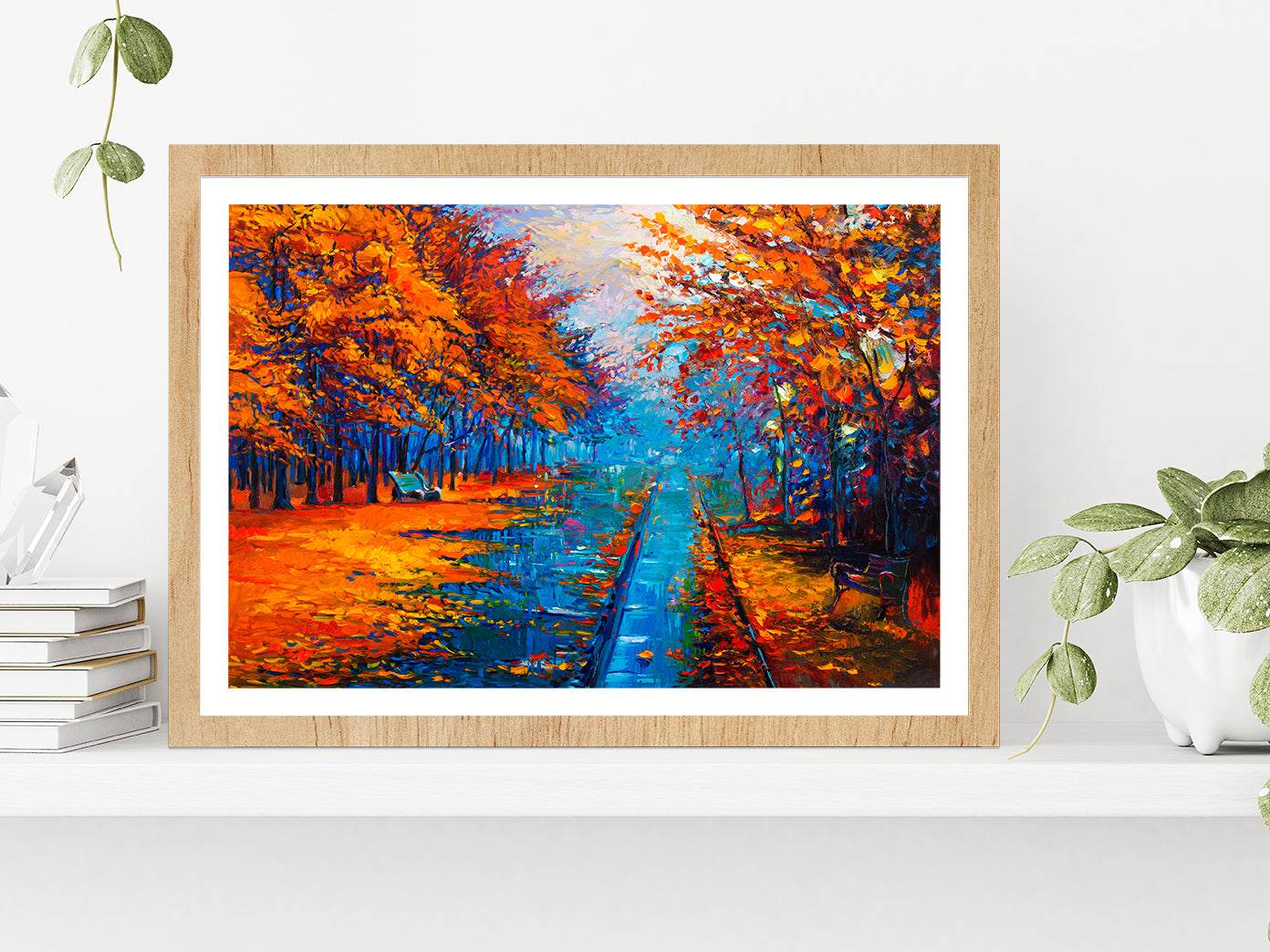 Autumn Landscape With Forest Road Glass Framed Wall Art, Ready to Hang Quality Print With White Border Oak