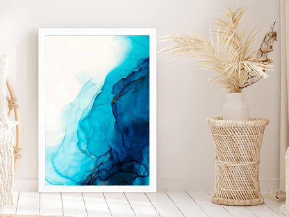 Blue & White Liquid Abstract Art Glass Framed Wall Art, Ready to Hang Quality Print Without White Border White