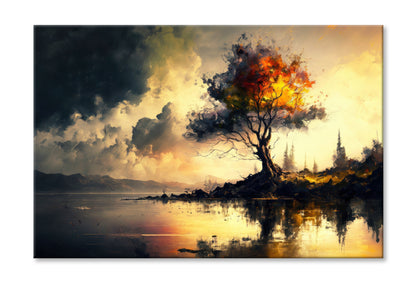 Abstract Tree near Lake Cloudy Sky Oil Painting Wall Art Limited Edition High Quality Print Stretched Canvas None